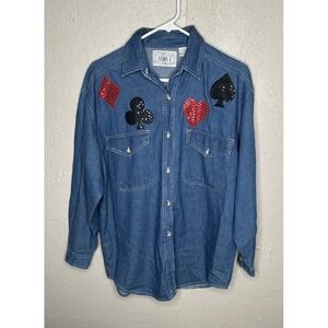 Vintage Vision  Womens Denim Shirt S/M Button Up Card Patches Euchre Spade Heart
